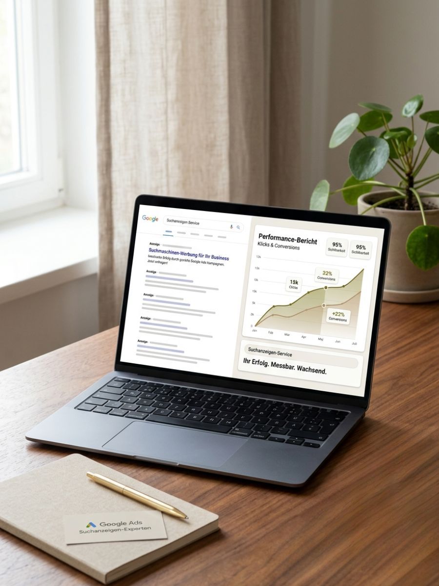 Laptop mit Google-Ads-Bericht und steigender Performance-Kurve