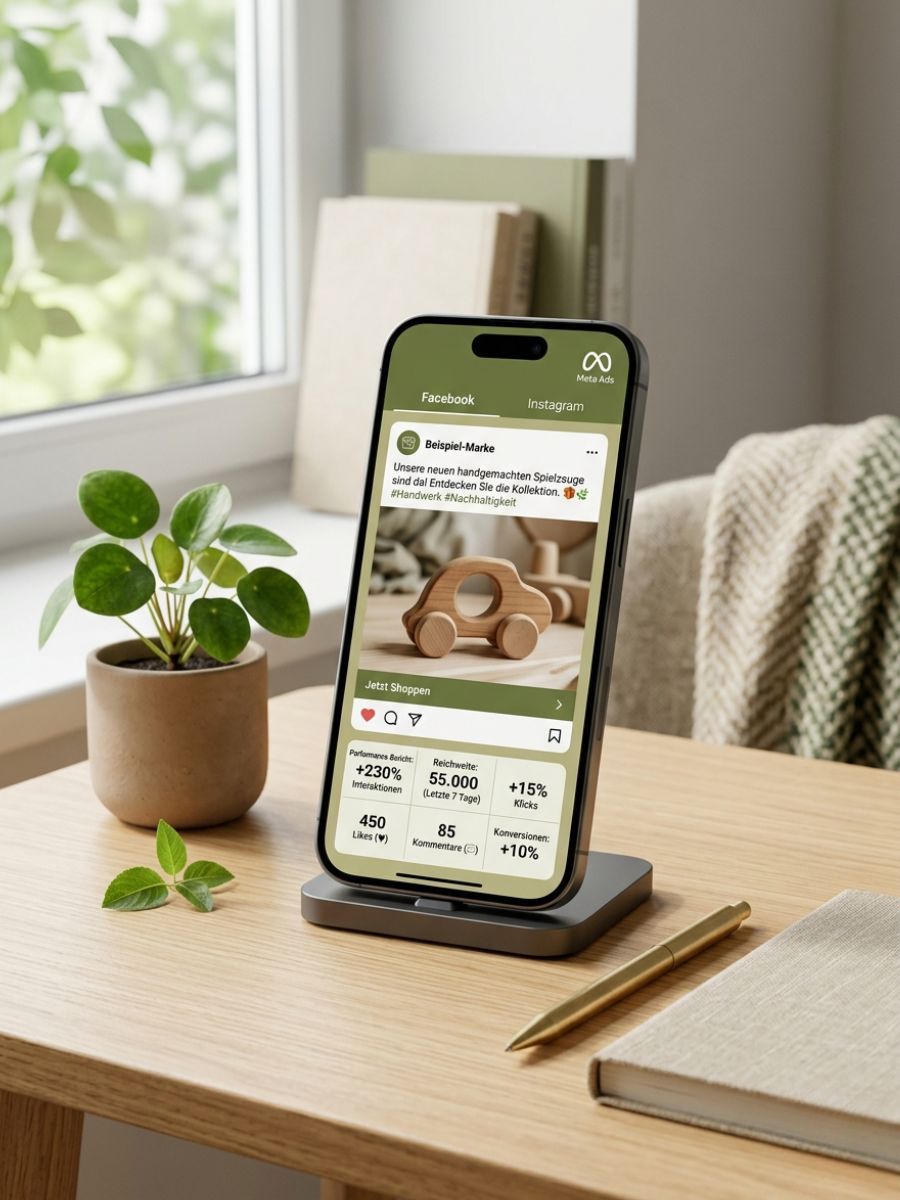 Smartphone mit einer Facebook-Anzeige und Performance-Kennzahlen