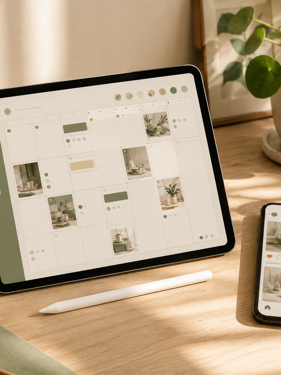 Tablet mit Social-Media-Redaktionsplan und Smartphone mit Instagram-Feed